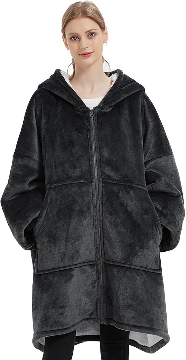 Oversized Deken Hoodie met Capuchon en Ritssluiting - Extreem Warme Draagbare Deken Fleece Vest voor Volwassenen