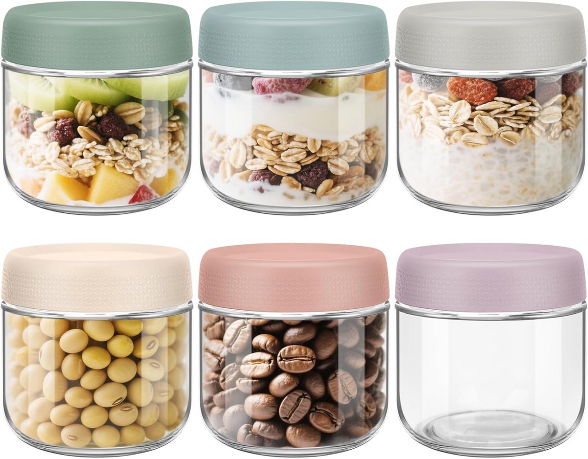 Set van 6 Kleine Glazen Potten met Deksel voor Overnight Oats, Yoghurt en Meal Prep