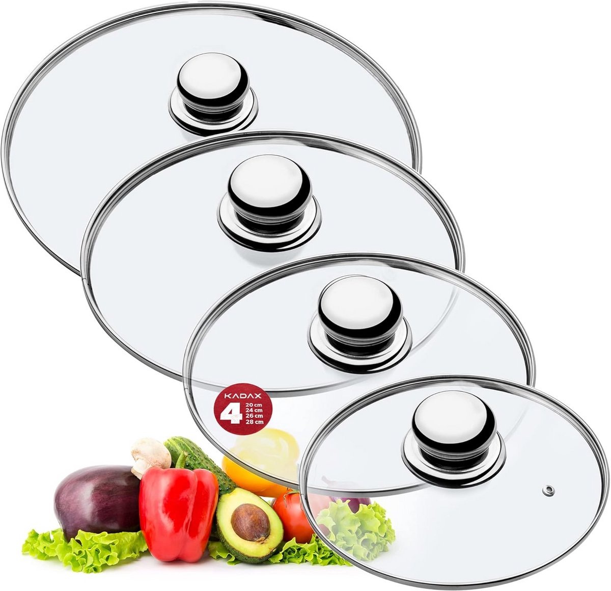 Universele Glazen Pannendeksel Set (20, 24, 26, 28 cm) - Hittebestendig met Metalen Handvat