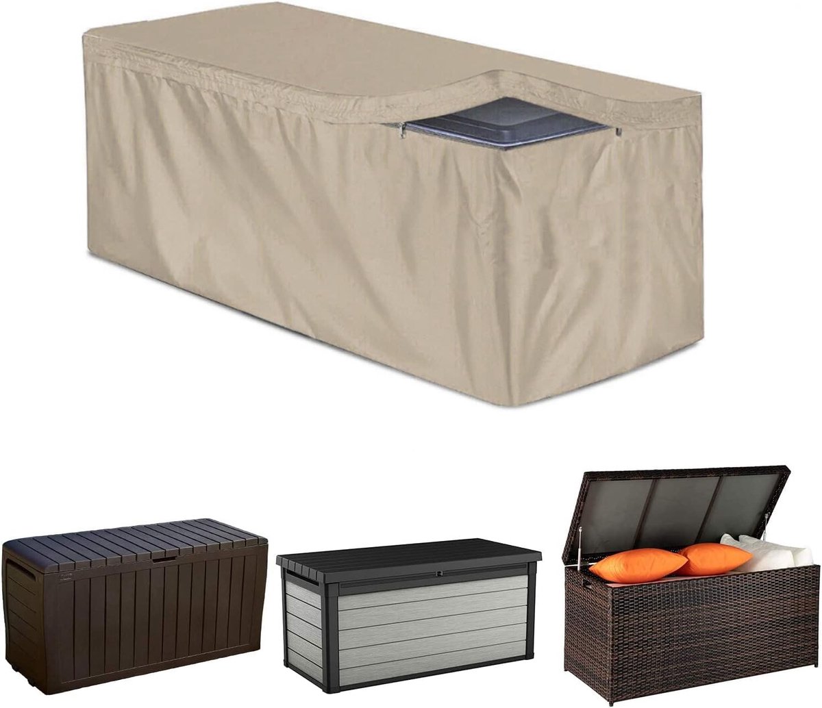 Famanu Waterdichte tuinopbergbox hoes met rits - 420D Oxford outdoor meubelhoes voor kussens en deckbox - rechthoekig - beige - maat M 130 x 60 x 71 cm grijs