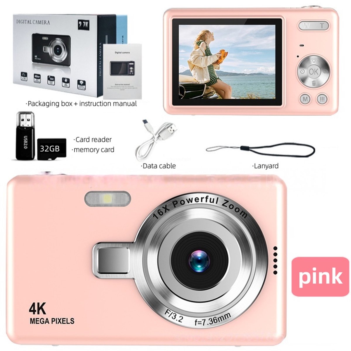 4K Ultra HD CCD digitale camera met 32GB TF-kaart - mini compacte point-and-shoot camera voor beginners, studenten, thuisfotografie en reizen (roze) thumbnail 2
