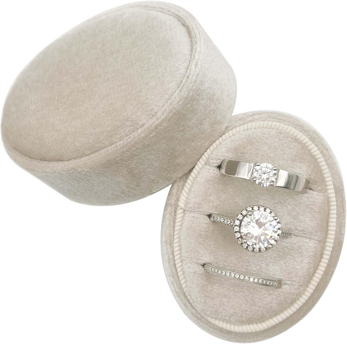 Ovale fluwelen ringendoos voor drie sieraden met sleuven voor huwelijksceremonies