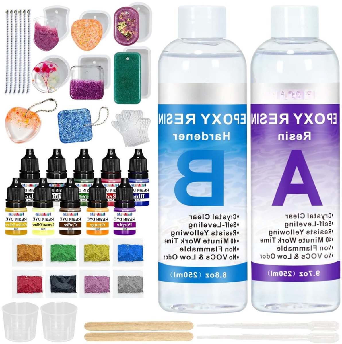 Quvo® Epoxy Starterspakket - Zelf Sieraden Maken Set – Resin Starterskit Inclusief Giethars En Mallen – Compleet Pakket voor: Sieraden, Ketting, Oorbellen, Armband, Ring, Sleutelhanger - Meerkleurig - 23cm x 14cm x 6cm