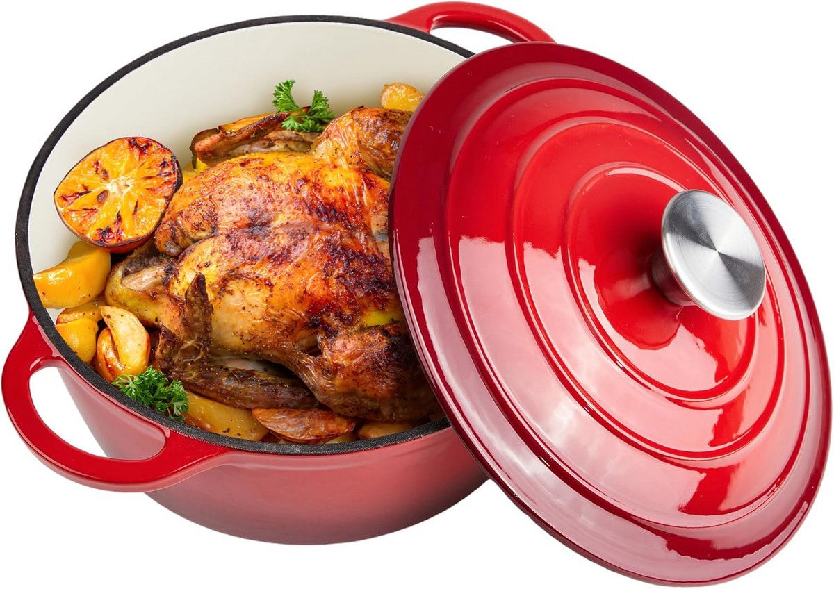 Gietijzeren Braadpan 6,5 Liter Emaille met Deksel - Ovenbestendig Rood