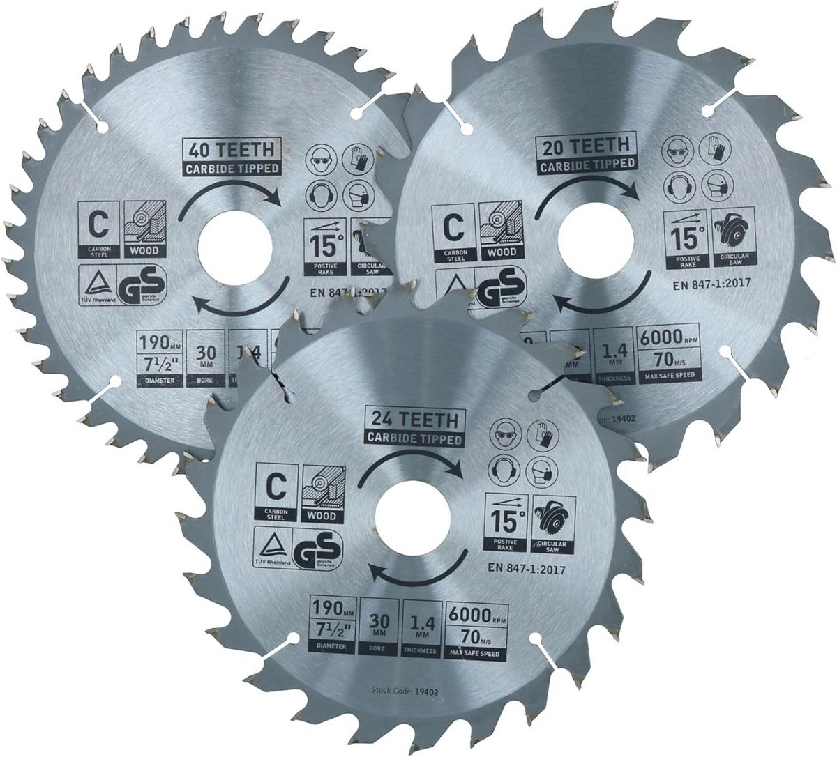 Set van 3 Universele Cirkelzaagbladen 190mm met TCT Tanden voor Houtbewerking