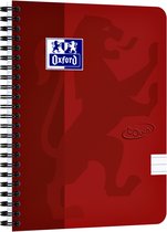 Rood Oxford notitieboek met reliëf print van een leeuw, zwart gespiralde binding en Oxford logo.