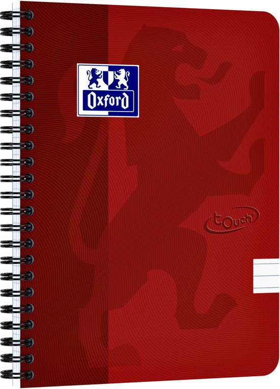 Rood Oxford notitieboek met reliëf print van een leeuw, zwart gespiralde binding en Oxford logo.