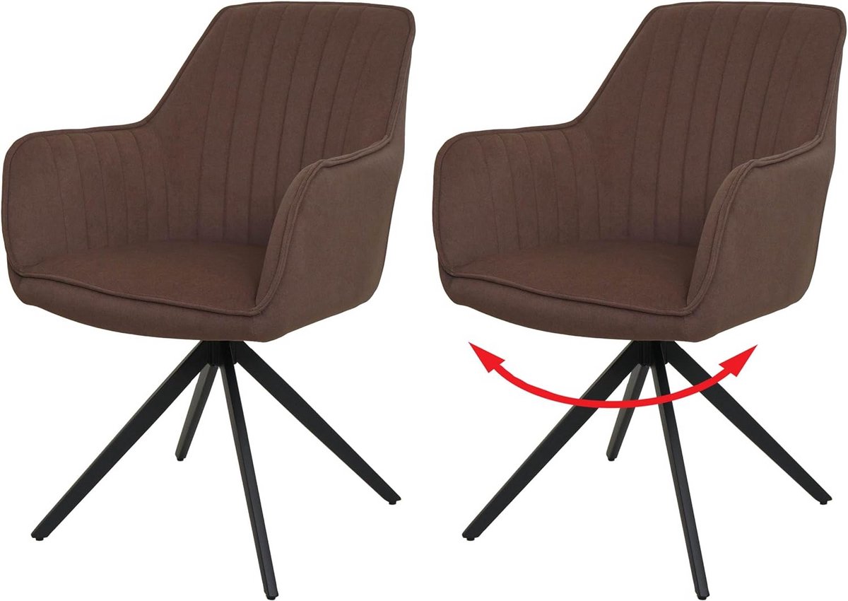 Set van 2 Draaibare Eetkamerstoelen met Armleuningen en Autopositie in Bruine Stof