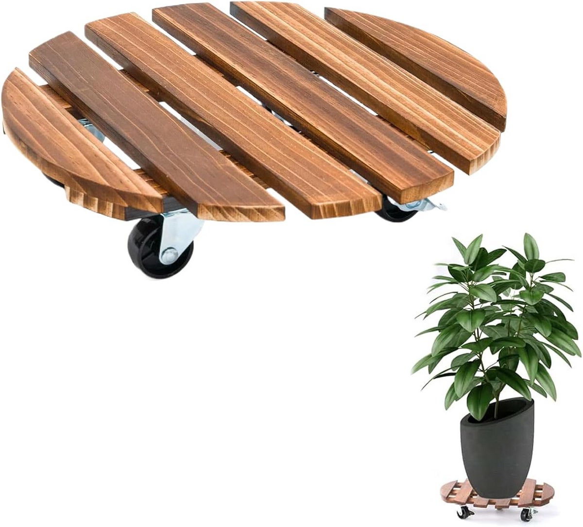Ronde Houten Plantenroller met Wielen voor Bloem- en Plantenbakken Binnen en Buiten