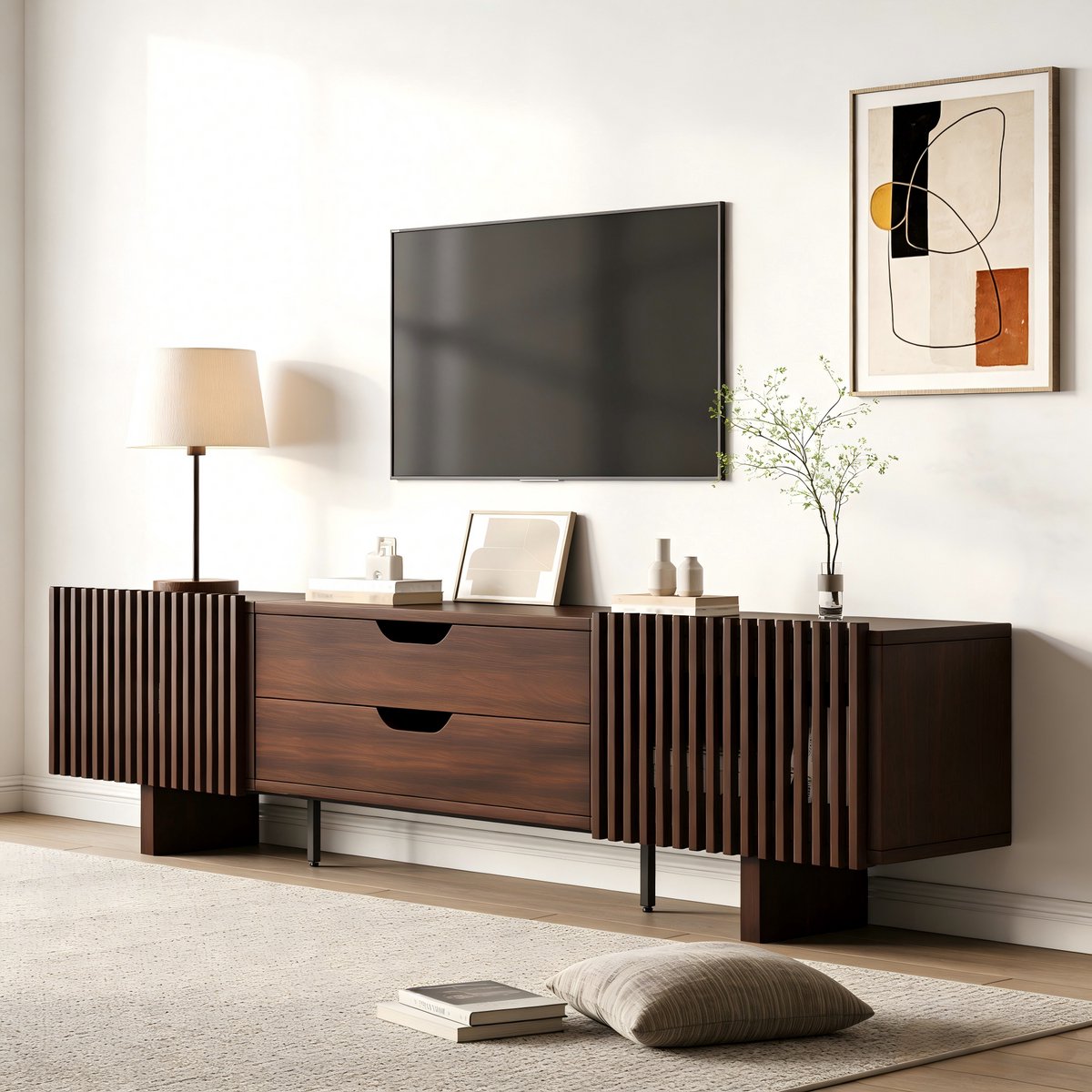 STILVORA Tv-Meubel - Met 2 Laden En Lamellendeuren - Voor Televisies Tot 75 Inch - MDF - Donkere Eikenlook - 180x40x45 Cm