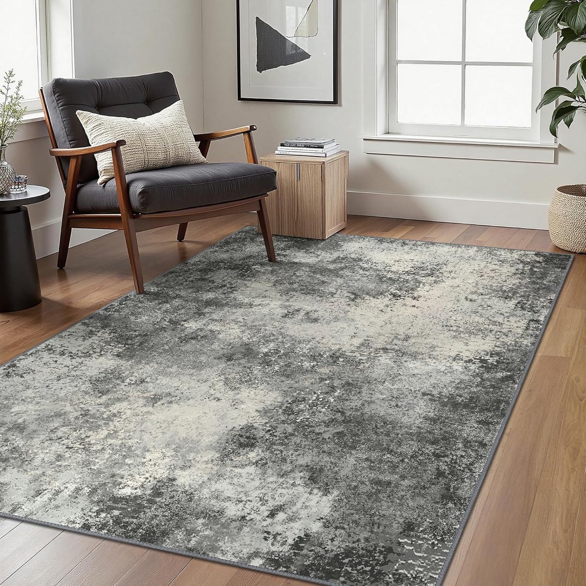 Wasbaar Laagpolig Vloerkleed 160x230cm Zwart - Antislip Vintage Stijl voor Woonkamer en Slaapkamer
