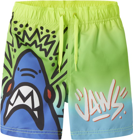 Zwemshort met haai-print. Neon groen met blauwe dip-dye. "JAWS"-opdruk.
