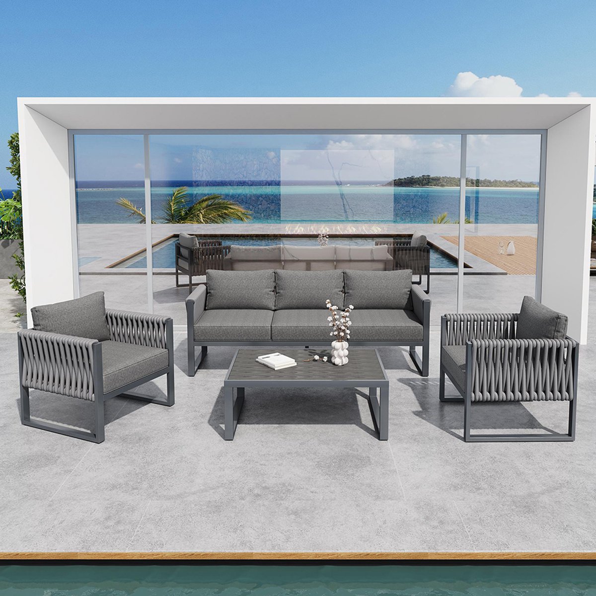 BLACKCOLORS - 5-zits tuinbank - Tuinmeubelset met kussens en roestvrijstalen frame - Voor balkon of terras - Grijs