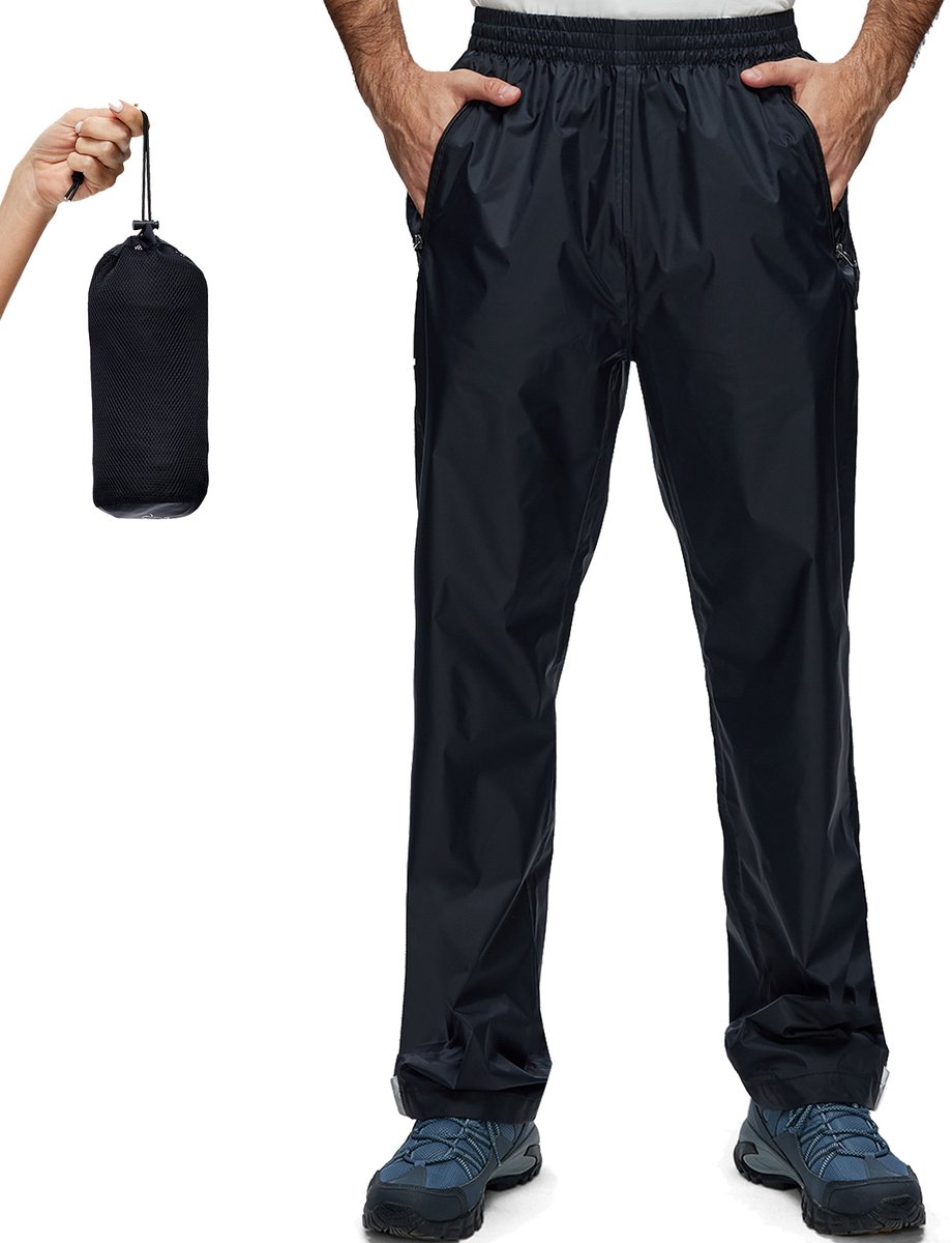 BUBW® Regenbroek Essential Heren - Waterdicht & Ademend - Met Reflecterende strepen - Inclusief Opbergtas - Regenbroek met Rits - Outdoorbroek - Maat XXL - Zwart
