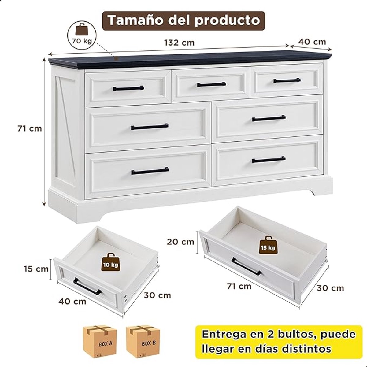 Commode 132 x 40 x 71 cm met 7 Laden – Moderne Houten Dressoir en Opbergkast voor Slaapkamer en Woonkamer – Wit – Abkantoor