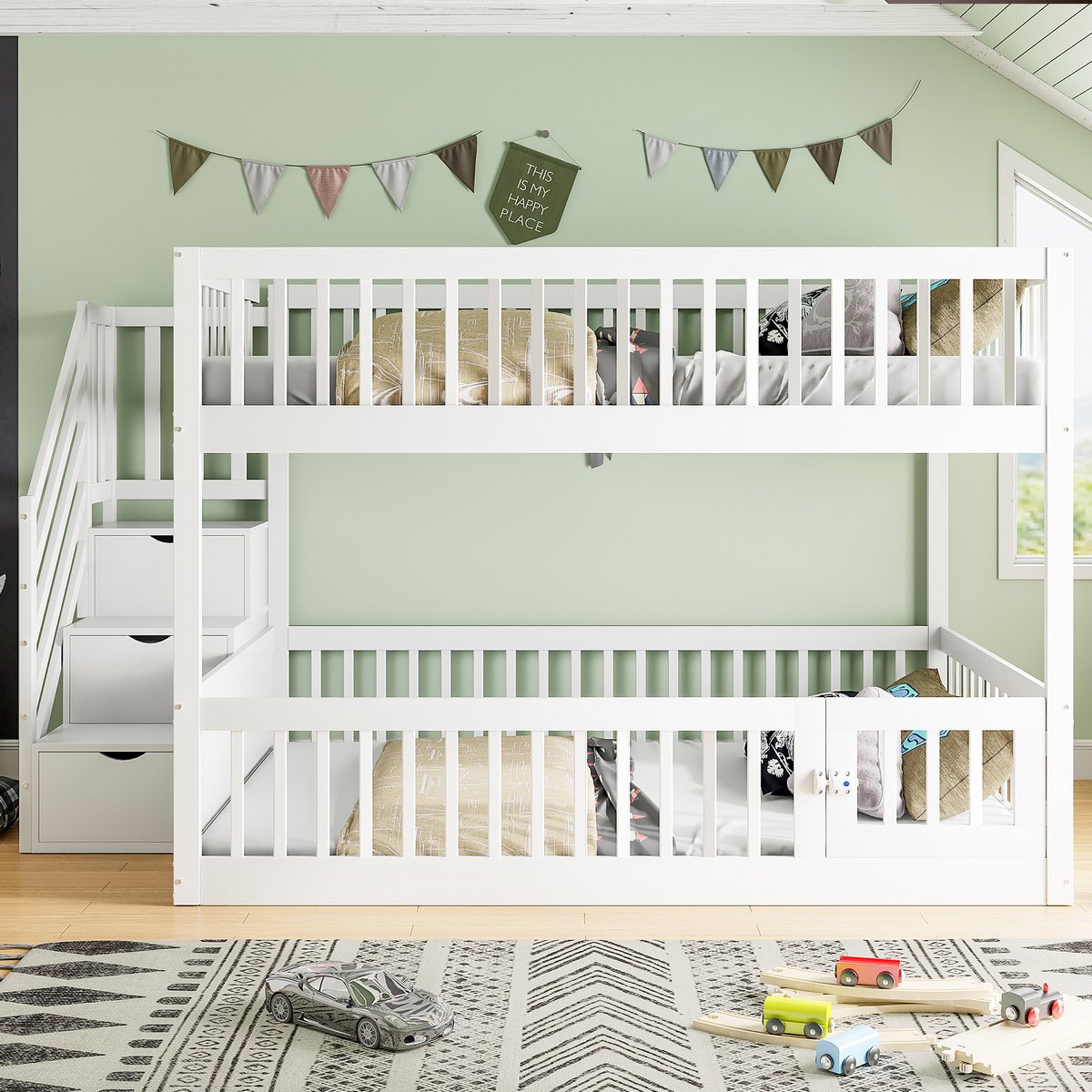 Merax 140x200 cm stapelbed - kinderbed - met veilige ladder en lade - tweepersoonsbed met opbergruimte - wit - zonder matras