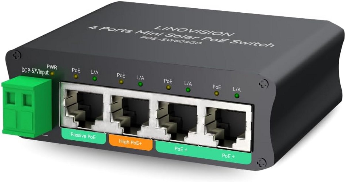 Miniatuur PoE Switch met Directe Batterijvoeding 12V/24V, PoE+, High PoE+ en Passieve 24V Poort
