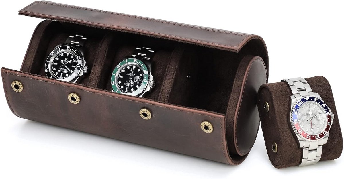 Leren Horlogerolle voor 3 Horloges - Handgemaakte Reis Etui met Verwijderbare Kussens
