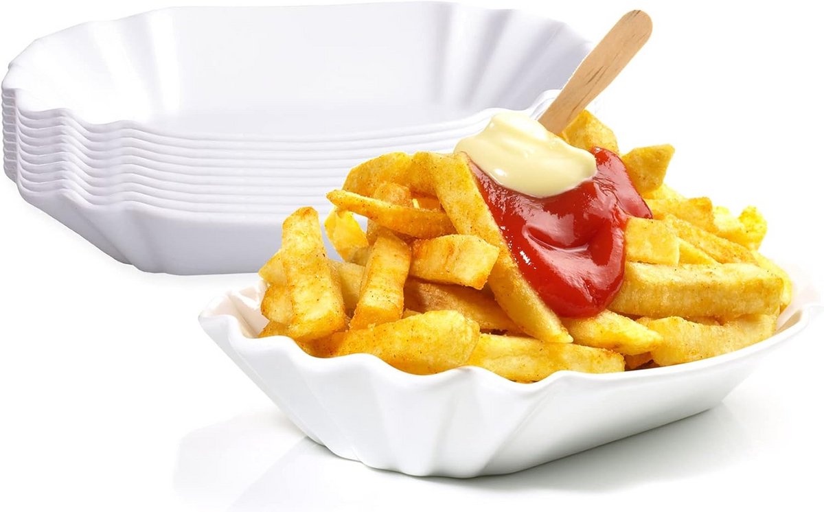 Set van 10 Witte Porseleinen Fritesschaaltjes 19,5 cm - Stapelbaar en Vaatwasmachinebestendig