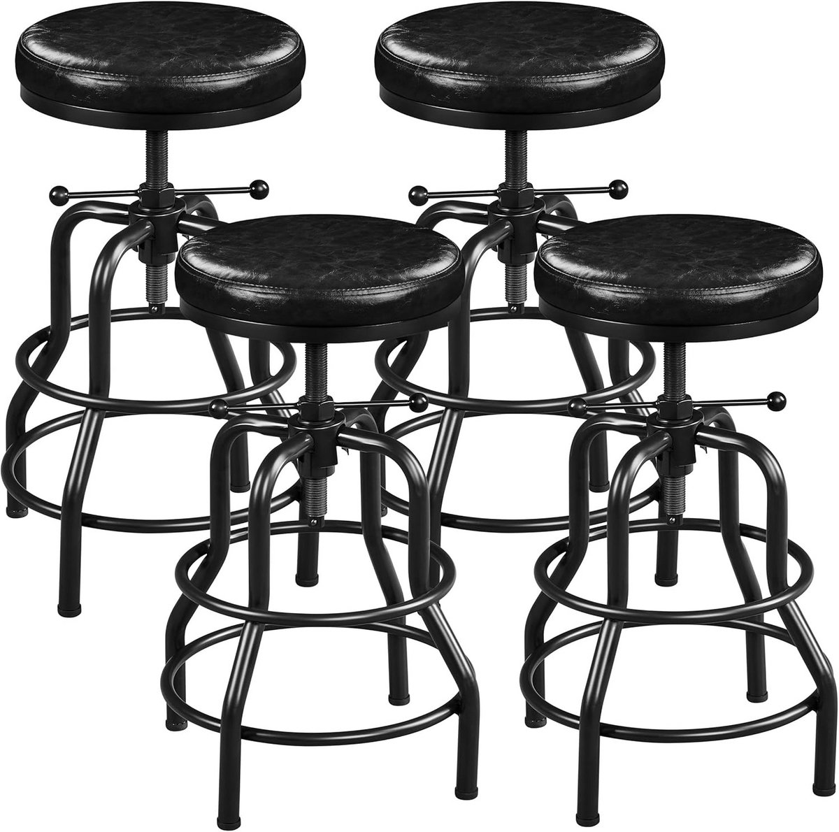 Set van 4 Vintage Barkrukken - In Hoogte Verstelbaar met Dik Zitkussen - Zwart