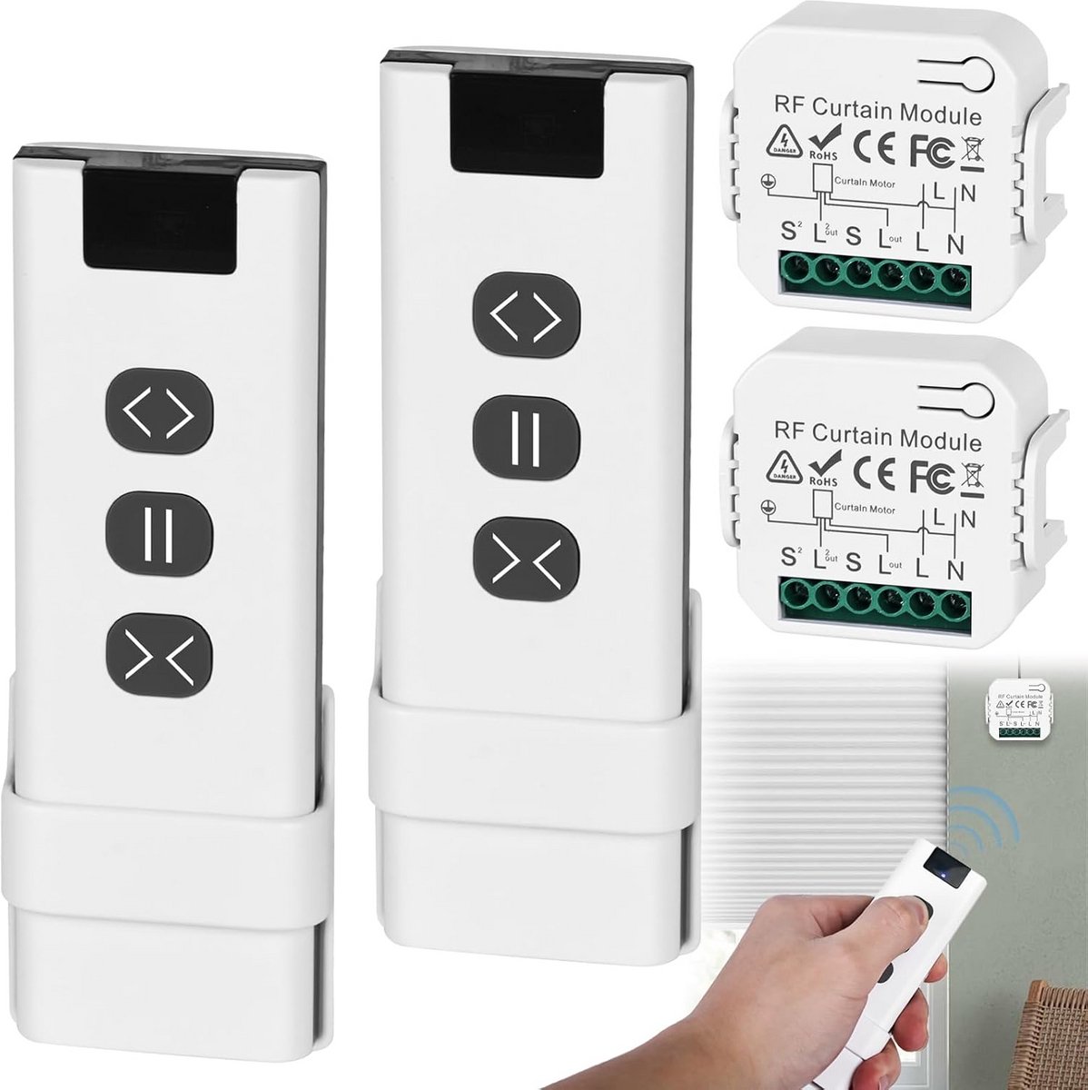 2x Draadloze Rolluikbesturing Retrofitset met RF Afstandsbediening voor Elektrische Gordij