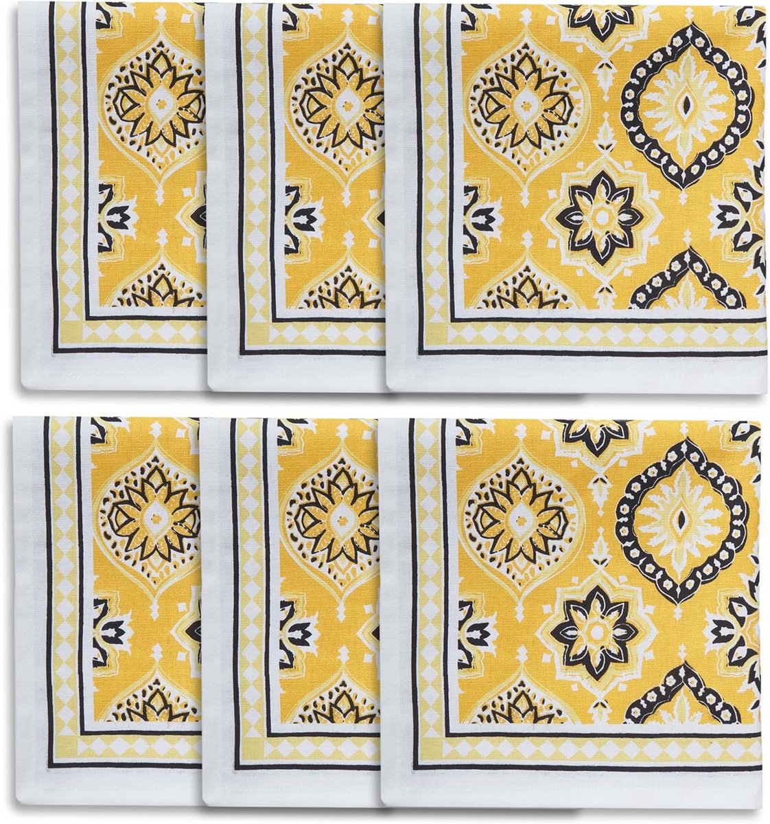 Set van 6 Katoenen Eettafel Servetten - Geel Blok Gedrukt - 45x45 cm - Handgemaakt