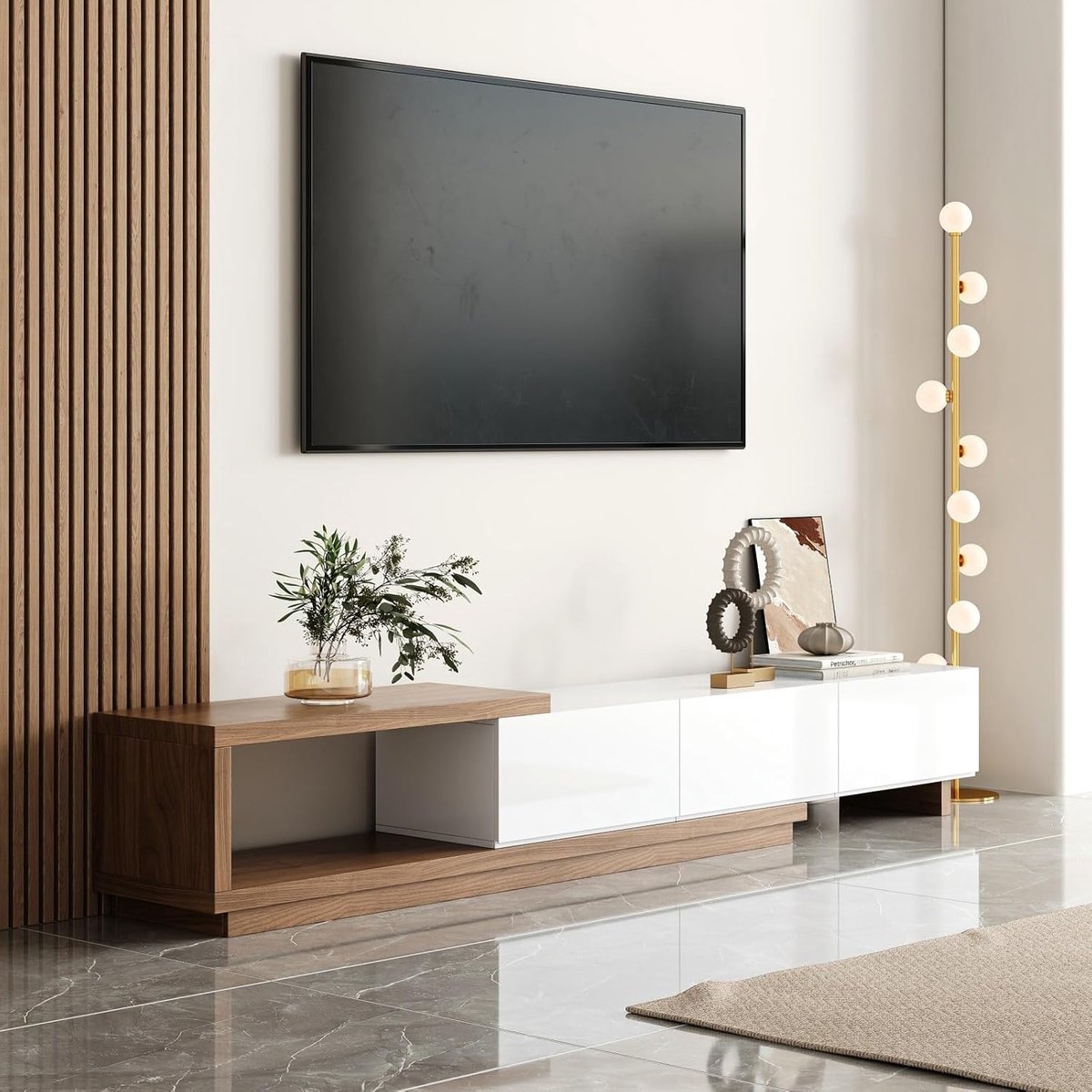 TV Meubel 255 cm – Uitschuifbaar & Modern Entertainment Center met 3 Lades, Opbergruimte, MDF – Wit & Walnoot – Abkantoor