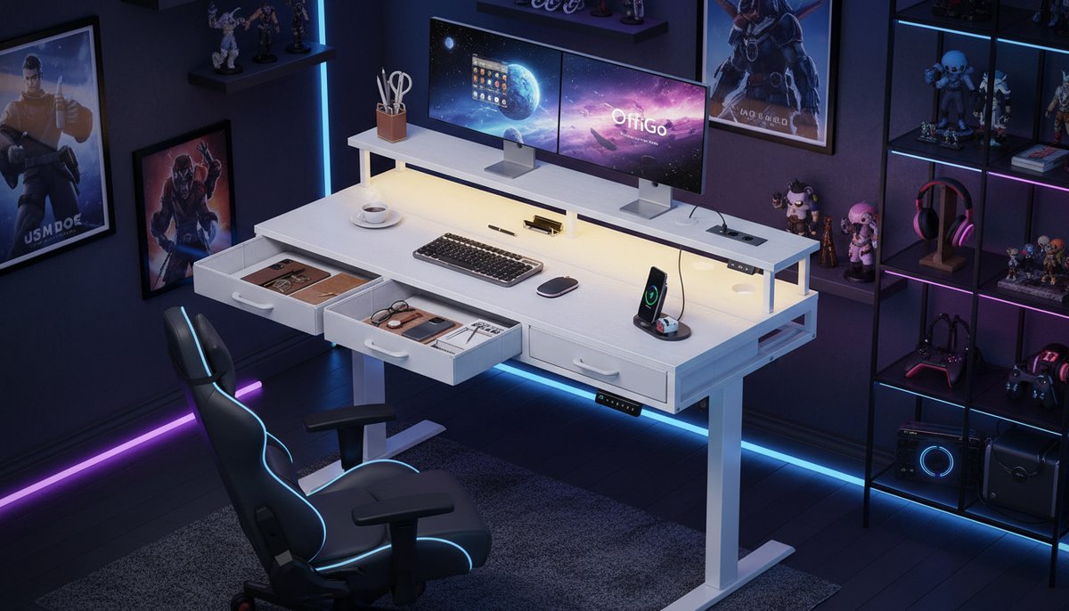 Electric Desk Casa Velluto Elevare Pro 140cm – Elektrisch In Hoogte Verstelbaar Bureau met Monitorstandaard, USB-poorten, Stopcontacten en LED-lichtstrip – Modern Wit Gaming en Office Bureau voor Thuiswerk en Ergonomisch Zitten/Staan
