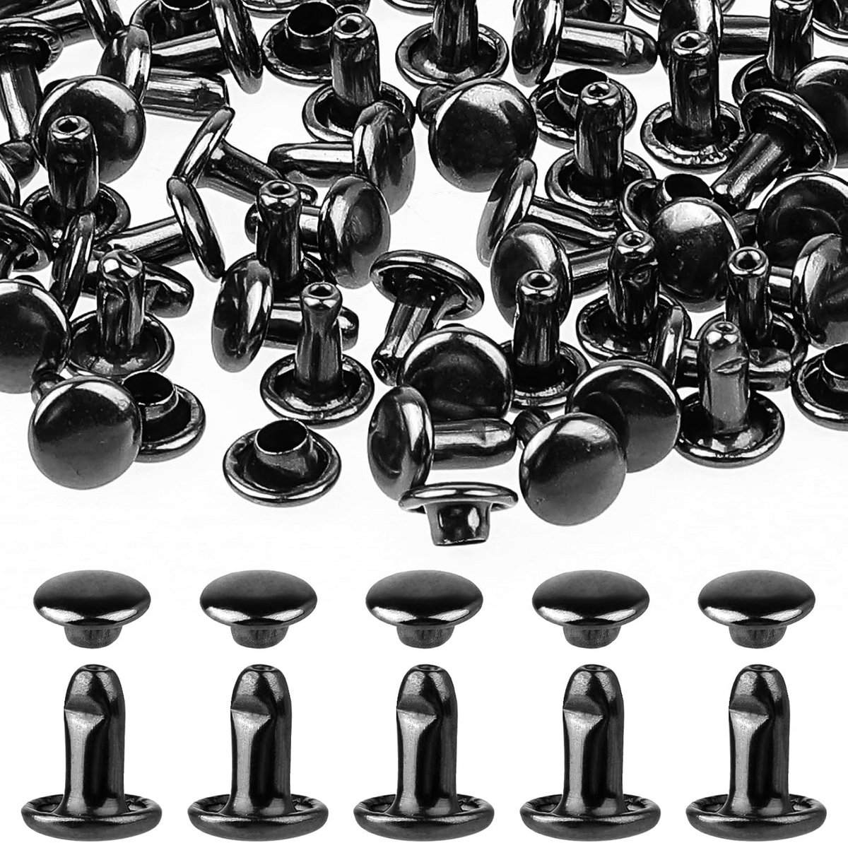 200 Sets Dubbele Kap Klinknagels 6mm Zwarte Metalen Spikes voor Leer en Textiel
