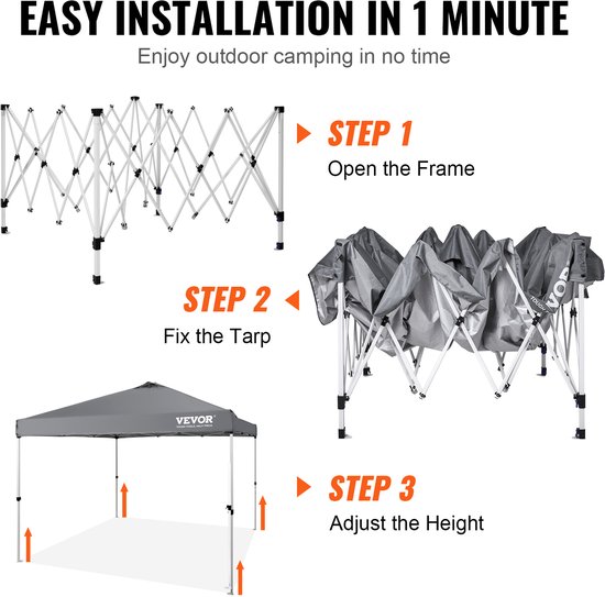 VEVOR Paviljoen 304,8x304,8x320cm Tuintent 250D PU Zilver Gecoate Stof Opvouwbaar Paviljoen Incl. Opbergtas Partytent 6-8 Personen Pop-Up Tent Opvouwbare Tent Tuinpaviljoen voor Kampeertrip van Vevor — afbeelding 4