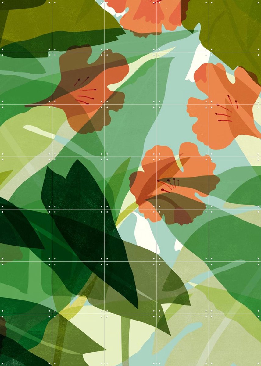 IXXI Leaves Green Orange, Lotte Dirks - 100 x 140 cm - Gratis ophangtool - Grote wanddecoratie en posters - Illustraties, Kleurrijk, Planten, Zomer