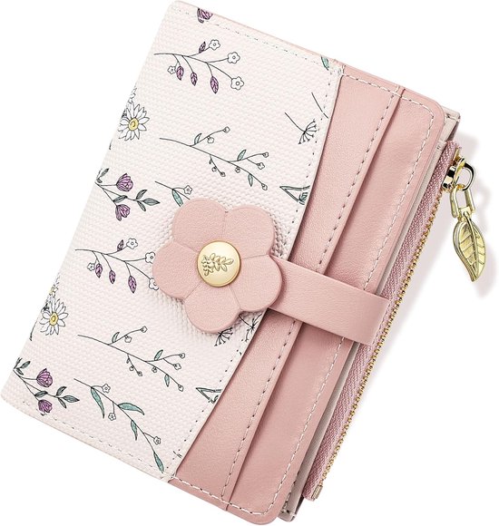 Damesportemonnee met bloemenprint - Compacte en draagbare portemonnee met munt- en kaarthouder (2-in-1) - Paars