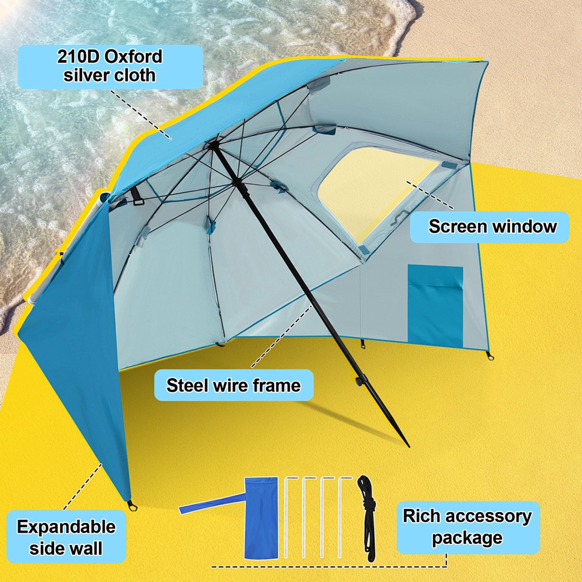 Parasol Strandparasols, Stokparasols en Balkonparasols met 210 cm Zonnenscherm, UV-bescherming 50+ - Inklapbaar, Waterafstotend, Grondpin en Draagtas Inclusief, Perfect voor Strand, Tuin en Balkon als Tuinparasol, Hemelsblauw – foto 3