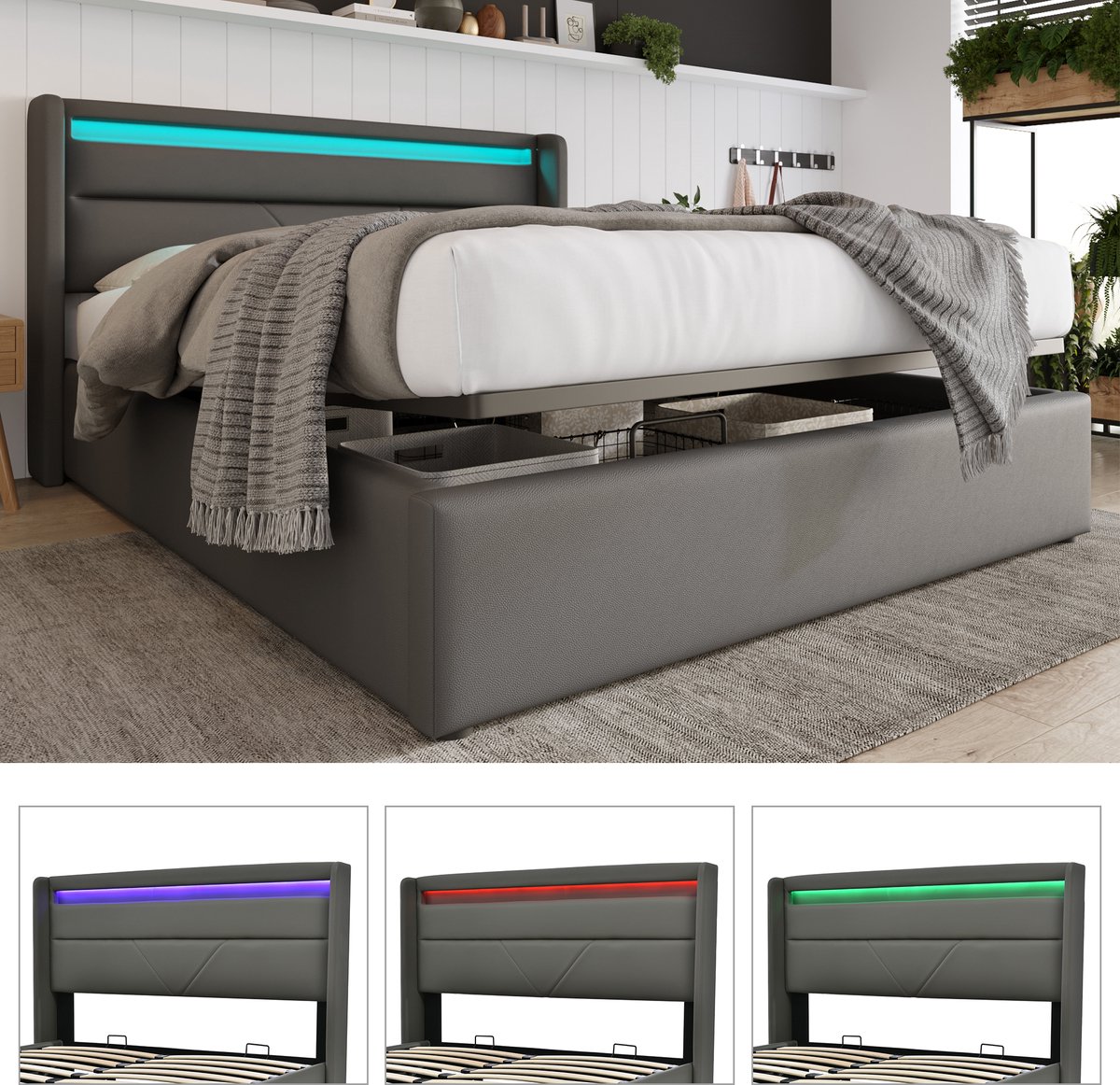 Wishdor Opbergbed 140x200 cm – Hydraulische Lift – LED in Hoofdbord – Inclusief Matras – PU – Grijs