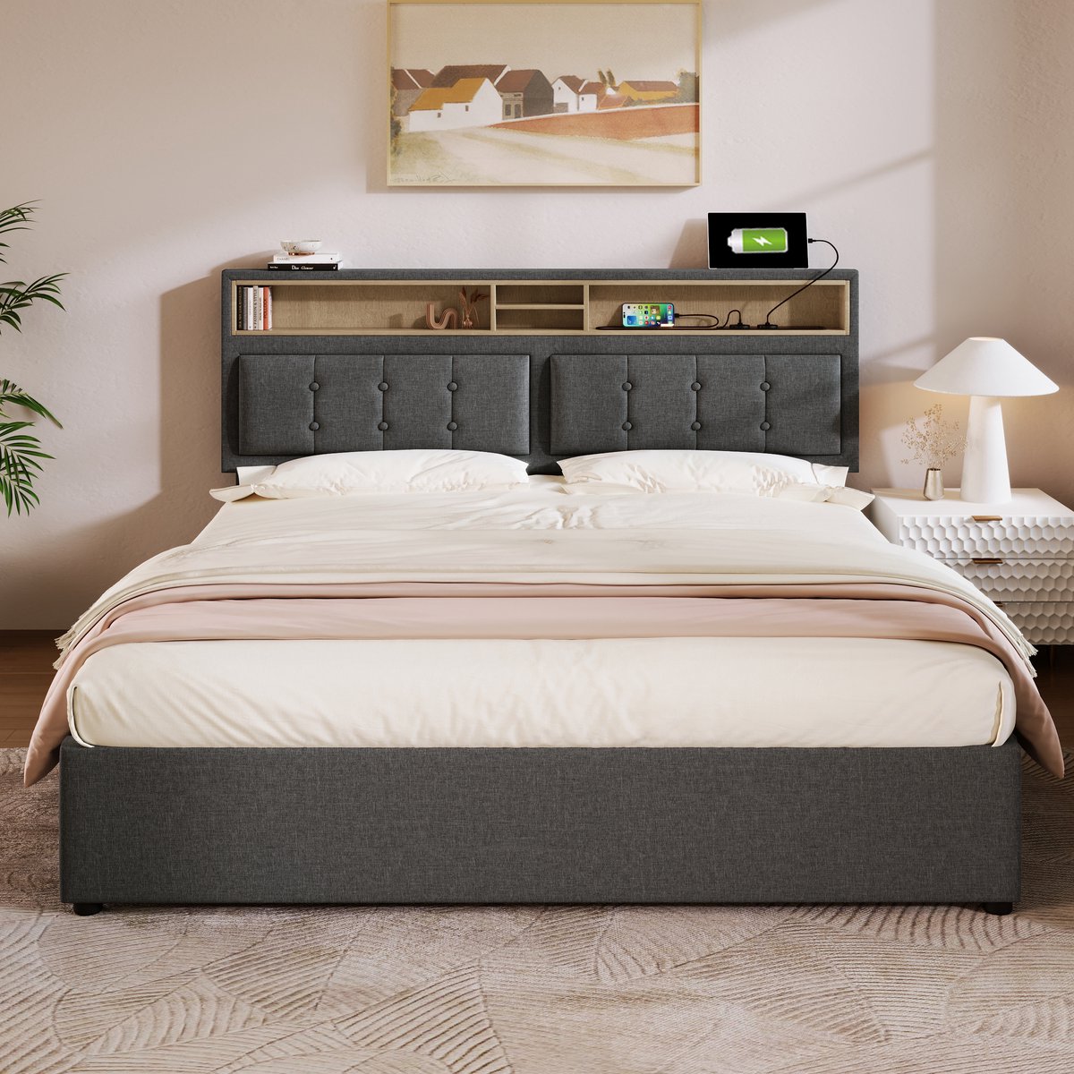 Wishdor Gestoffeerd Opbergbed 140x200 cm – Verstelbaar Hoofdbord – Opberghoofdbord met Stopcontact en USB/Type-C – Linnen – Grijs