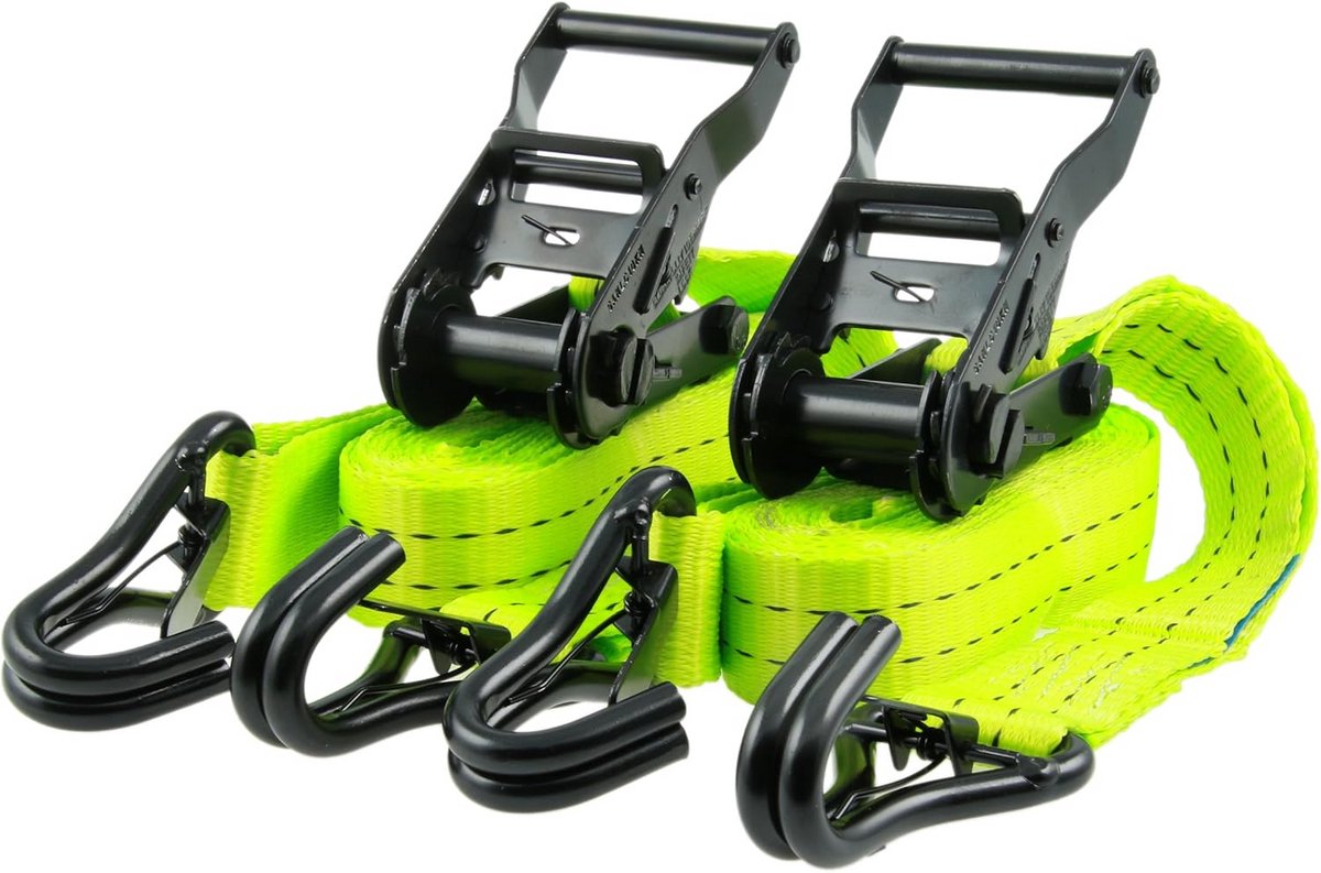 Set van 2 Spanbanden met Ratel en J-haak - 35mm Breed, 6m Lang - Neon Geel