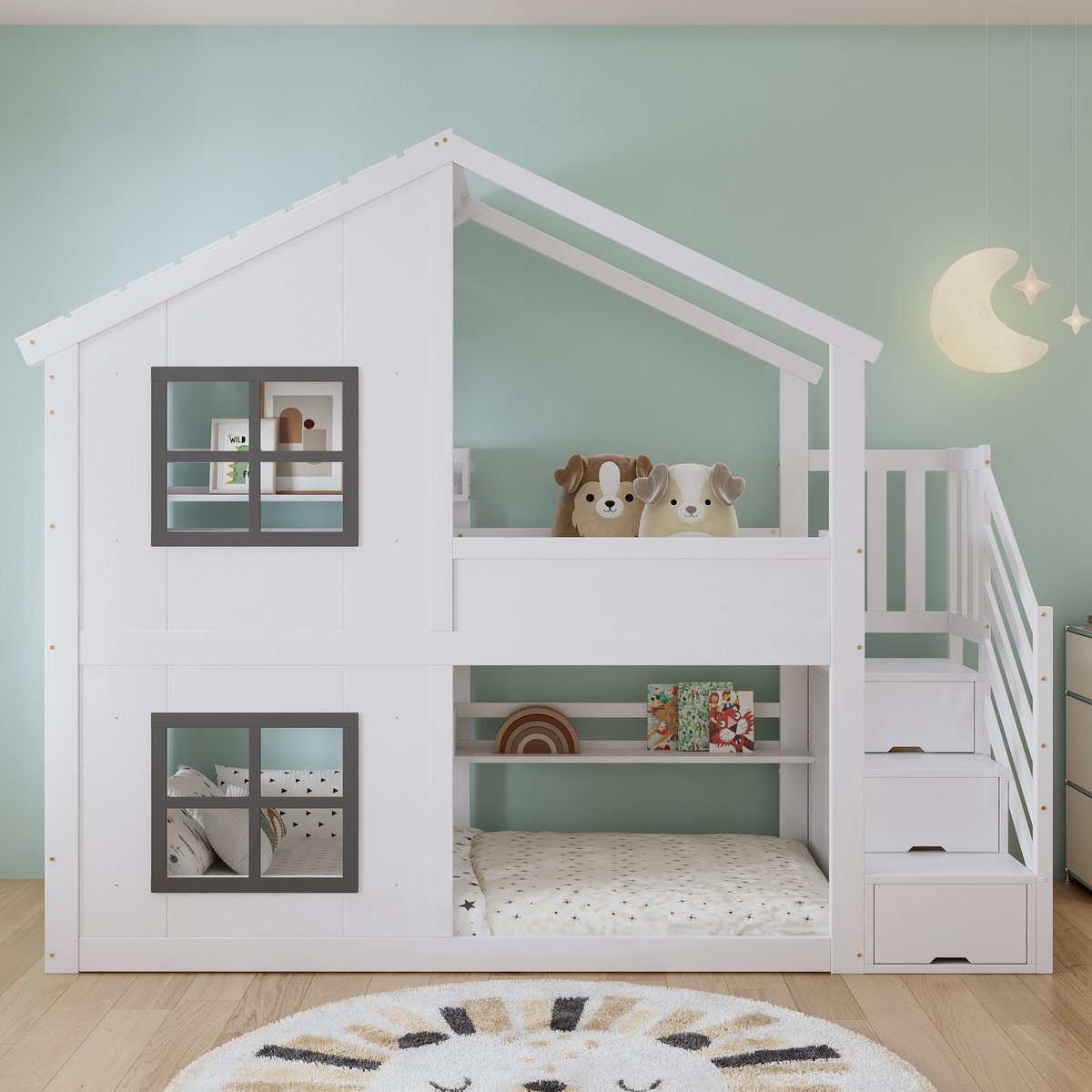 Stapelbed - 90x200 cm - Huisbed met Venster - Trapkast met 3 Treden - Grenenhout - Wit en Grijs
