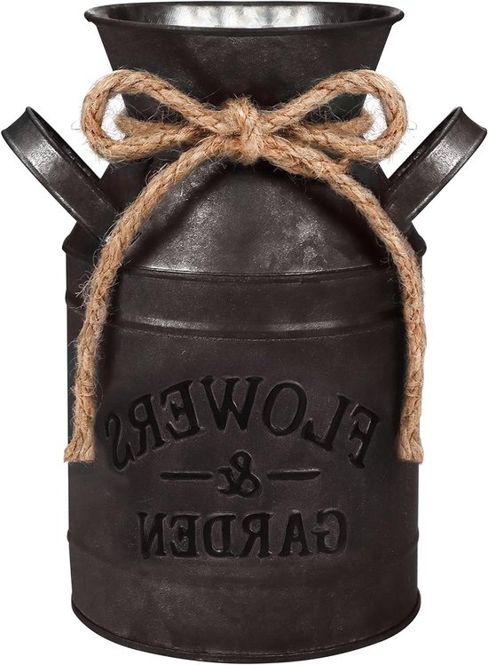 Allecto- Rustiek Metalen Bloemvaas - Vintage Boeren Melkemmer - Primitieve Decoratieve Kan Voor Huis, Huwelijksdecoratie & Tuin - Gegalvaniseerd - 11,3 x 19 cm - Geschikt voor Bloemen - Groot formaat