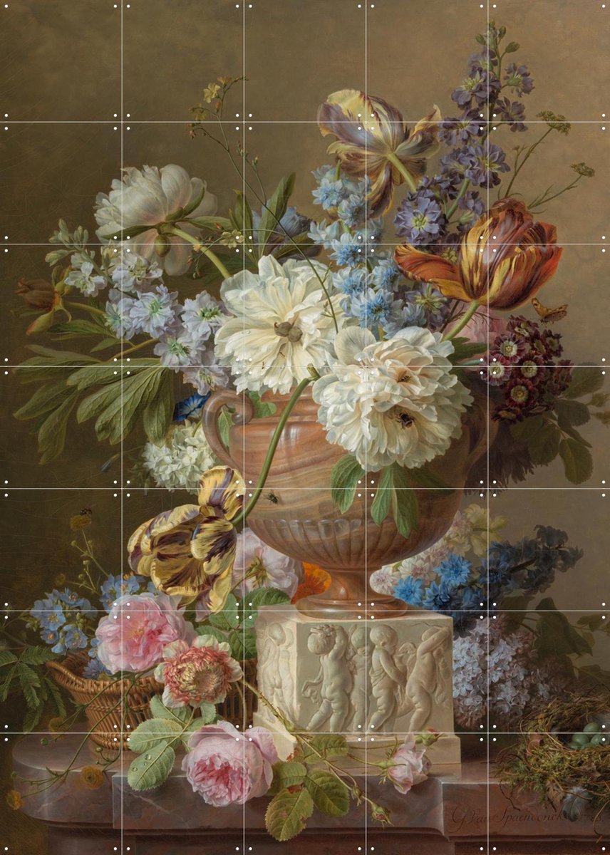 IXXI Bloemstilleven met albasten vaas, Gerard van Spaendonck & Rijksmuseum - 100 x 140 cm - Gratis ophangtool - Grote wanddecoratie en posters -