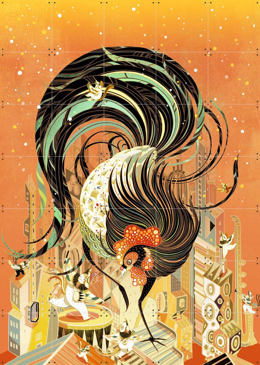 IXXI Rooster, Victo Ngai - 100 x 140 cm - Gratis ophangtool - Grote wanddecoratie en posters - Digitale Kunst, Speels, Illustraties, Grafisch Ontwerp