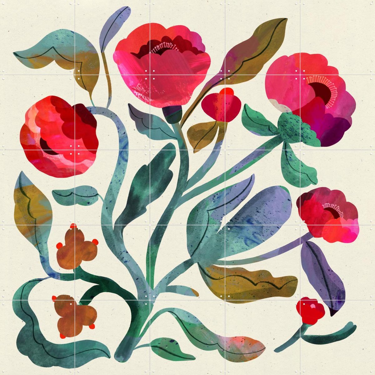 IXXI Flower Bouquet, Lena Addink - 100 x 100 cm - Gratis ophangtool - Grote wanddecoratie en posters - Aquarel, Kleurrijk, Illustraties, Woonkamer