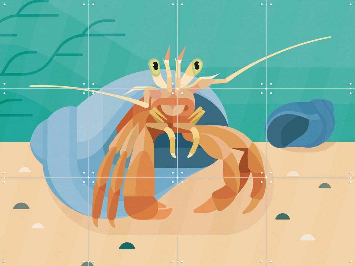 IXXI Heremietkreeft, Elke Uijtewaal - 80 x 60 cm - Gratis ophangtool - Grote wanddecoratie en posters - Speels, Grafisch Ontwerp, Kleurrijk