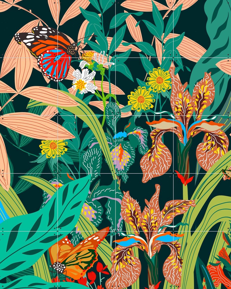 IXXI Butterfly Garden Petrol, Marylène Madou - 80 x 100 cm - Gratis ophangtool - Grote wanddecoratie en posters - Illustraties, Bloemen, Planten