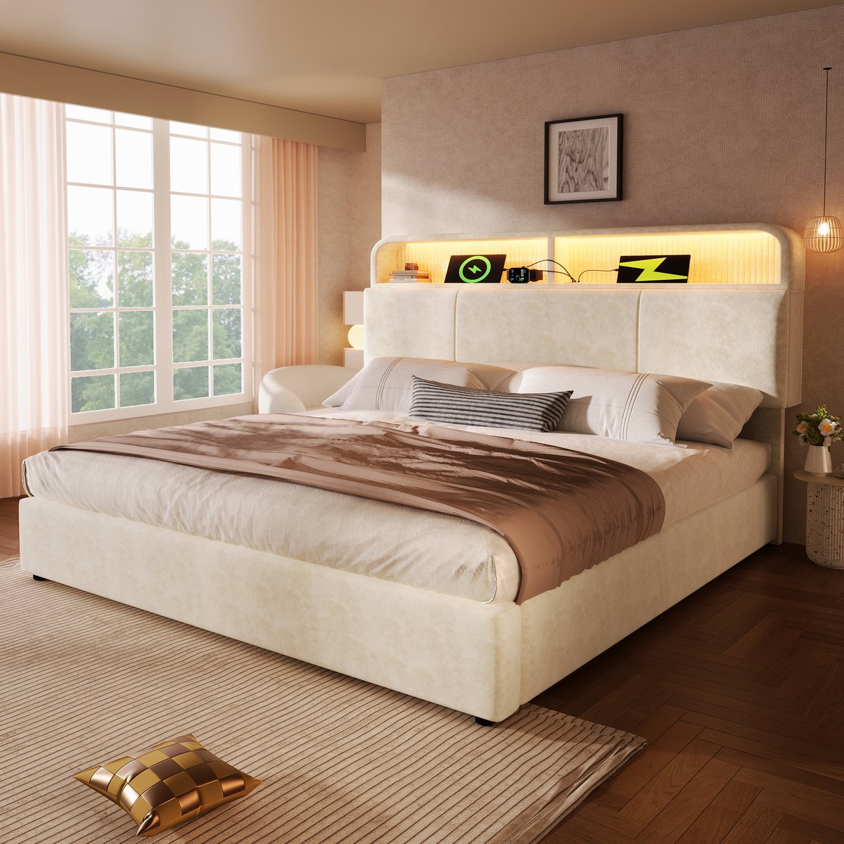 FloraGrace Gestoffeerd Bed 180x200cm – Verstelbaar Hoofdbord Met Opbergvak – Hydraulische Opbergruimte – Ledverlichting Met Oplaadpunt – Fluweel – Zonder matras – Beige