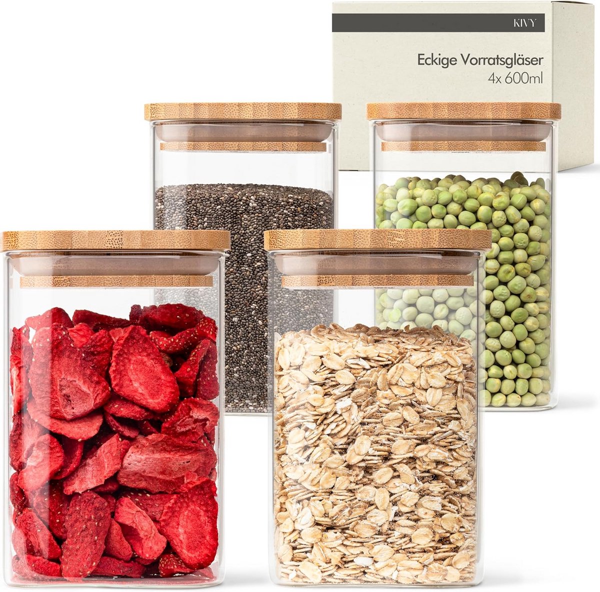4 x 600 ml Vierkante opbergpot van bamboe