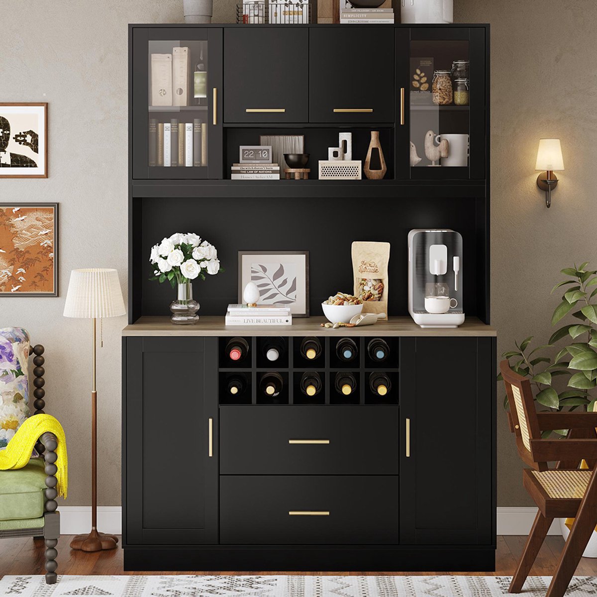 BLACKCOLORS Zijkast, opbergkast, keukenkast, buffetkast, 120 × 36,3 × 180 cm, met ledverlichting en stopcontact, zes deuren, twee grote lades, zwart/wit