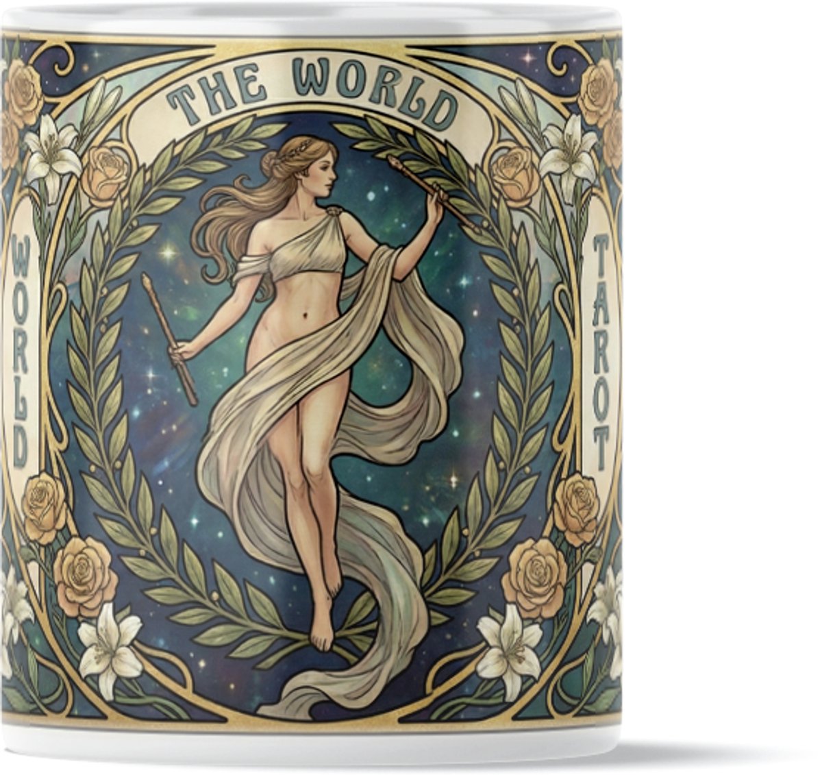 Mystieke Tarot Mok "The World" (De Wereld) - Vintage Design met Leeuw, Stier, Adelaar & Engel - Goud & Blauw - Symbool van Heelheid & Voltooiing - Elegant Art Nouveau Design - Spiritueel Cadeau voor Succes & Reizen - Vintage Illustratie
