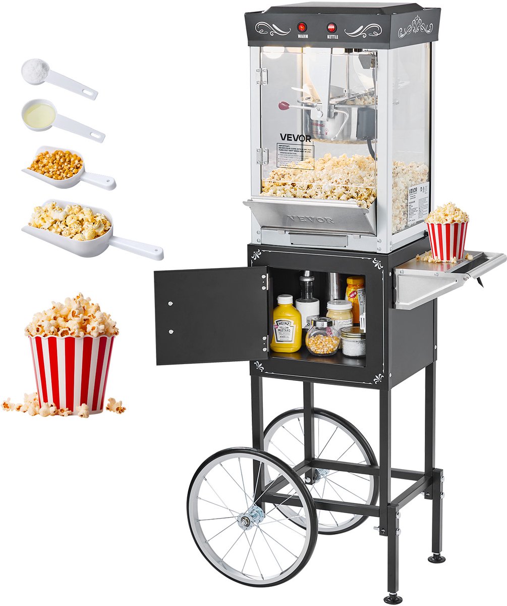 VEVOR Popcornmachine met Kar 800W Popcornmaker 48 Kopjes Zwart