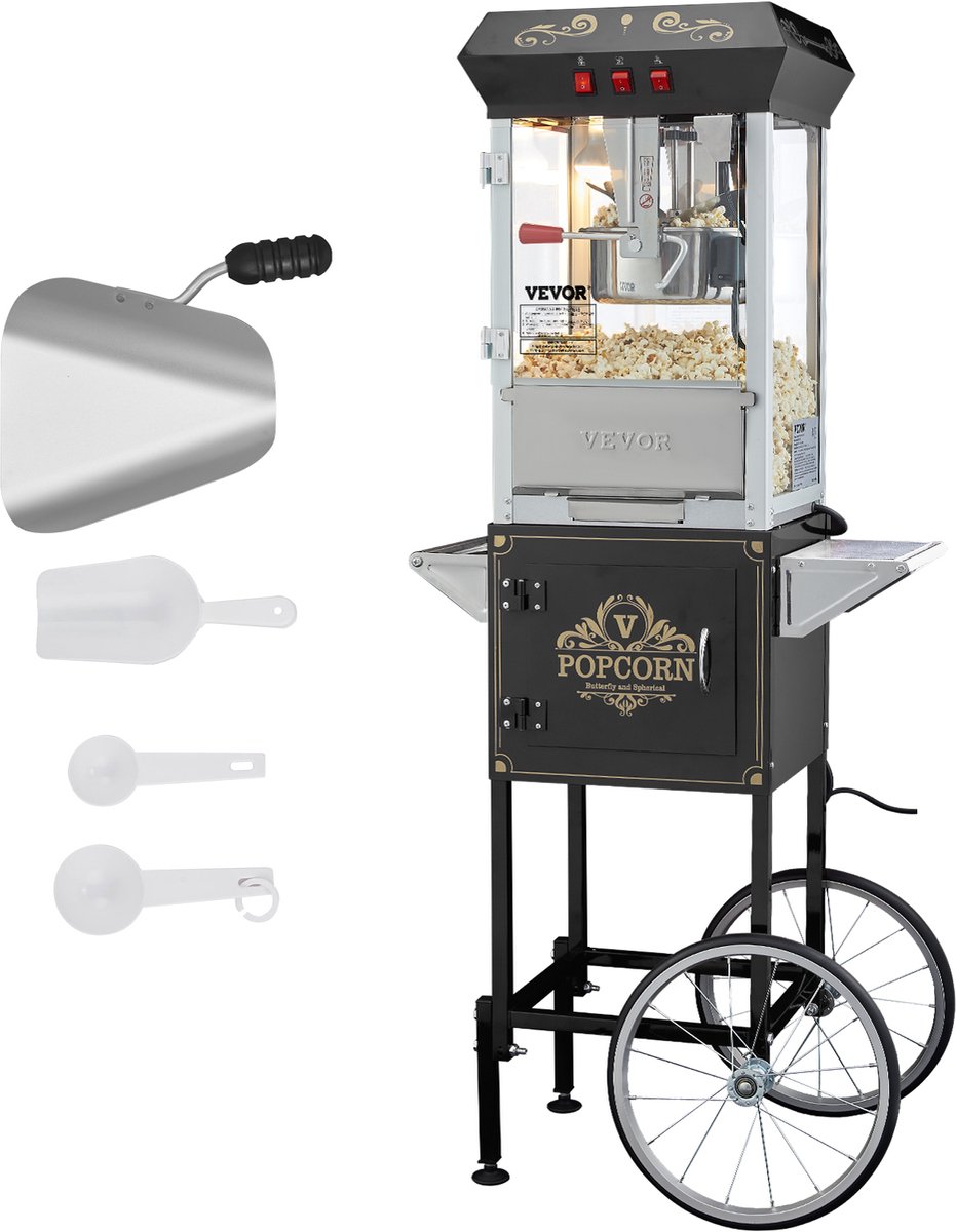 VEVOR Popcornmachine Popcornmachine met Trolley Popcornmaker 850W 8oz 48 Kopjes Zwart