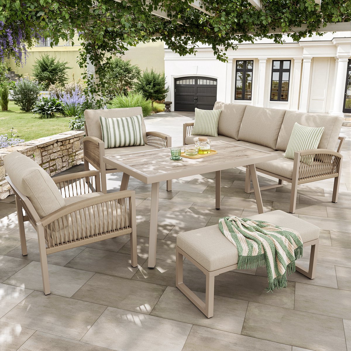 Tuintafel Tuinbankenset 7 Persoons Gevlochten - Weerbestendig Terrasmeubelset Met Tafel En Kussens